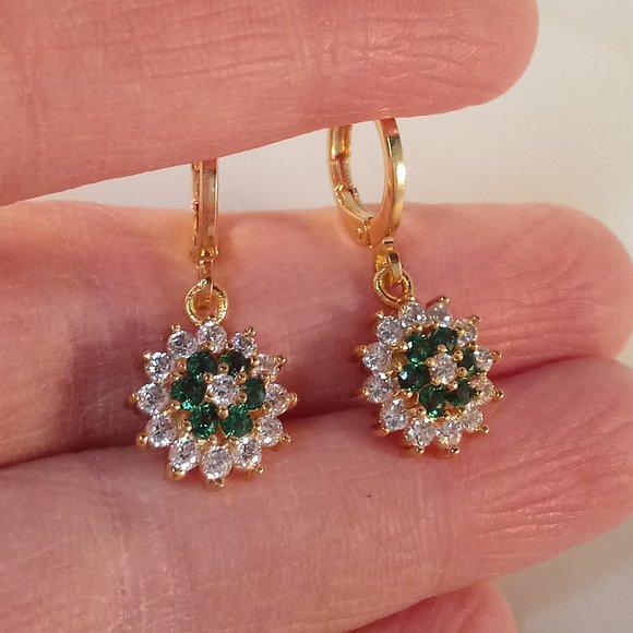 Jewelry - 18k Yellow Gold Filled Emerald Green Diamond Zircon Flower Drop Earrings Women's